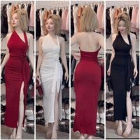Đầm ôm body lệch vai xẻ tà đùi đính hoa eo - thun ladong