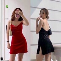 Đầm Ôm Body Nhung 2 Dây Hở Lưng Xẻ (Hỏa Tốc) CC084