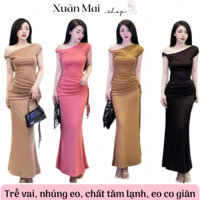 Đầm ôm body nữ form dài chất tăm lạnh vai lệch nhúng eo 3 màu đỏ đen nâu mặc Noel lễ Tết