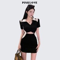 Đầm ôm body nữ PINKLOVE màu đen phối trắng thời trang P020