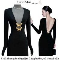 Đầm ôm body nữ tay dài cổ tim form dài đuôi cá đính charm bướm mặc được nhiều kiểu đi tiệc đi chơi Noel Tết