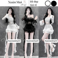 Đầm ôm body nữ trễ vai tay dài đan ngực che bụng chất lưới dẻo phối ren tua rua y2k đi tiệc đi chơi xuanmaishop12
