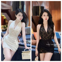 Đầm ôm body ren cổ yếm, váy ren tà sườn ôm body sang chảnh đi chơi đi tiệc có quần lót bảo hộ trong