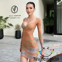 Đầm Ôm Body Tay Dài Kẻ Sọc Màu Gradient Linglongxi2