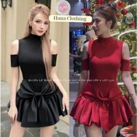Đầm ôm cổ lọ hở vai đuôi váy xòe nơ to Đầm khoét vai xoè nơ eo dáng ngắn Đồ chụp noel xinh Hana Clothing