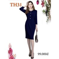 ĐẦM ÔM CỔ TRÒN ĐÍNH HÀNG NÚT TRƯỚC NGỰC TAY DÀI - XƯỞNG MAY 99K