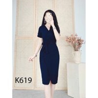 ĐẦM ÔM CỔ VẠT THẮT NƠ EO K619 - H Ladies (Hàng may thiết kế ,ảnh thật shop tự chụp)