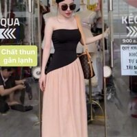 Đầm ống cup dáng xoè dài phối tùng vạt xéo - Thun gân lạnh