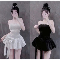 ĐẦM ỐNG CÚP NGỰC NHÚN MOCKING DÁNG NGẮN BÍ PHỒNG XÒE ĐÍNH NƠ KÈM LÓT QUẦN Cup Nữ