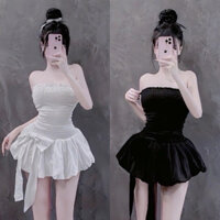 Đầm Ống Cúp Ngực Nhún Mocking Dáng Ngắn Bí Phồng Xoè Đính Nơ To Có Lót Quần