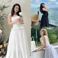 Đầm ống cúp ngực nhún thun dáng xòe trắng đen, đầm váy maxi bo chun dáng xòe thiết kế sang chảnh cho nàng đi biển-MP