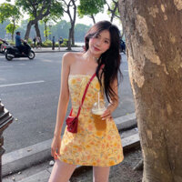 Đầm Ống Hoa Linen Vàng Phối Ren Nơ Mùa Hè - 𝐂𝐡𝐚𝐧𝐦𝐢𝐢