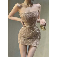 Đầm Ống Ôm Body Sequin Lấp Lánh Dáng Ngắn Dự Tiệc Màu Nâu Sang Trọng Dự Tiệc Gợi Cảm Cho Nữ