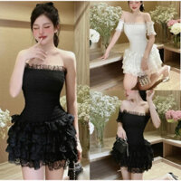 Đầm ống trễ vai ôm body phong cách tiểu thư chân váy xoè tầng ren cực xinh cho nữ đi chơi dự tiệc sang trọng