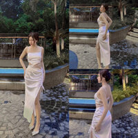 Đầm phi lụa 2 dây sexy xẻ tà dây rút hở lưng [Ảnh thật]