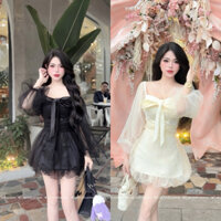 Đầm phối voan chấm bi tay bồng nơ ngực chân xoè bồng cực xinh tiểu thư
