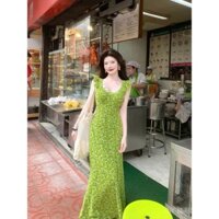 Đầm phong cách nghỉ dưỡng, đầm dài bohemian, jumpsuit giảm cân [Pháp sư xứ Oz] thiết kế nguyên bản, đầm dây ren xanh, đầm dài cao cấp nhẹ nhàng, sáng bóng