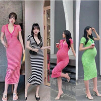 Đầm polo cổ tim ôm body 2 màu cam hồng sọc ngang cực hot , chất thun gân mềm mịn mk