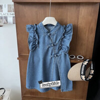 Đầm ren bé gái Váy không tay ếch Trung Quốc Váy denim phong cách Trung Quốc