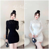 Đầm ren body tay dài cổ cao lót 2 lớp nổi hoa (D12394)