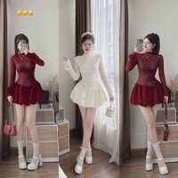 Đầm Ren Cổ Lọ Tay Dài Đính Hoa Hồng Dáng Ngắn Xoè Có Quần Sang Chảnh