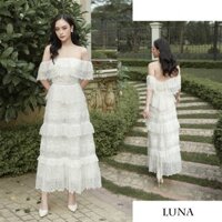 Đầm ren dự tiệc thiết kế maxi, nhiều tầng, trễ vai, màu trắng sang trọng thích hợp đi biển, chụp ảnh cưới (kèm hình thật