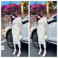 Đầm ren hoa hồng nổi tk trễ vai Tiểu Thư sang trọng( Hàng Nhập QC) Khoá kéo sau.