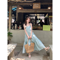 Đầm ren hoa màu xanh lá cây không tay thanh lịch cho kỳ nghỉ hè