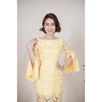 Đầm ren hoa trà mi màu vàng chanh cao cấp