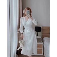 Đầm ren nổi tay dài form chữ A đính nút bọc, đầm váy trắng tiểu thư đơn giản sang trọng thời trang đi chơi dự tiệc