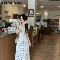 Đầm ren ren hở lưng chấm bi nữ Váy dài buộc dây giảm béo mới