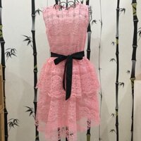 Đầm ren tầng thiết kế, cột eo xinh iu - hồng, đỏ