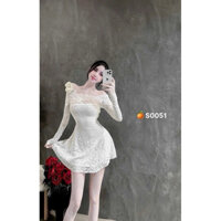 đầm ren tay dài đính hoa vai dáng ngắn xoè