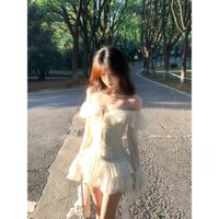 Đầm Ren Trễ Vai Tay Loe Tua Rua Tầng, Tơ Trơn Thêu Ren Hoa Cao Cấp TH29