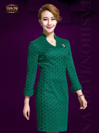 Đầm ren xanh cao cấp cổ tàu xẻ chữ V thời trang TV529
