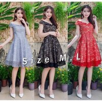 Đầm ren xòe trễ vai cổ lá sen xinh xắn