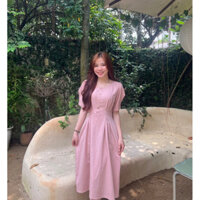 Đầm rúm eo cột dây sau màu hồng nude