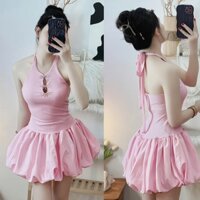 Đầm Sát Nách chất thun nhún Cổ yếm Đính tag Nơ Đá Dọc Chân Váy Bồng Dáng Ngắn Cá D189