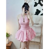 Đầm Sát Nách chất thun nhún Cổ yếm Đính tag Nơ Đá Dọc Chân Váy Bồng Dáng Ngắn Cá D189