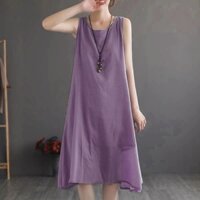 Đầm Sát Nách Đũi Trơn Dáng Dài, Váy suông Ba Lỗ Cổ Tròn Chất Đũi Mát Cho Nữ Mặc Hè Đũi Việt DV206 - Tím - XL