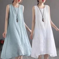 Đầm Sát Nách Đũi Trơn Dáng Dài, Váy suông Ba Lỗ Cổ Tròn Chất Đũi Mát Cho Nữ Mặc Hè Đũi Việt DV206 - Trắng - 2XL