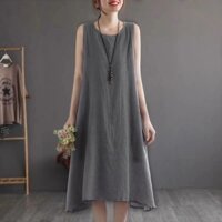 Đầm Sát Nách Đũi Trơn Dáng Dài, Váy suông Ba Lỗ Cổ Tròn Chất Đũi Mát Cho Nữ Mặc Hè Đũi Việt DV206 - Xám - 2XL