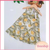 Đầm sát nách trẻ em 1-12 tuổi in cành lá, Váy hè cho bé vải đũi tơ nhẹ thoáng mát