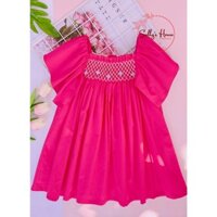 Đầm smock Sally, đầm thêu hoa hồng sen, đầm cho bé gái cổ vuông vải cotton mềm mát.