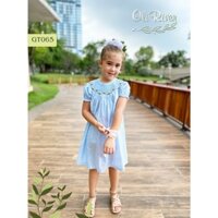 Đầm Smock suông tay bồng thêu hoa chất liệu thô dành cho bé gái từ 1 - 7 tuổi - GT065