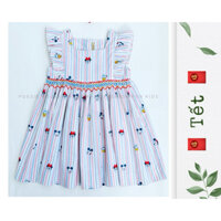 Đầm Smock (Xích Móc) Poesie House may thủ công, hoạ tiết Mickey sọc màu, tay cánh tiên sát nách, vải Oxford, đứng form
