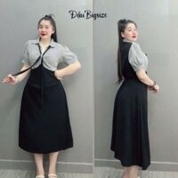 Đầm Sơ Mi Bigsize Nữ, Váy Dài Nữ Big Size Phối Kẻ Sọc Đen Vải Mát Lên Phom Xinh Xắn G678