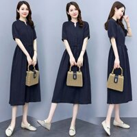 Đầm Sơ Mi Cổ Tàu, Váy Dài Sơ Mi Nữ Thắt Eo Nữ Tính Siêu Đẹp Đũi Việt - M