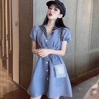 Đầm sơ mi cổ thuỷ thủ xanh đậm viền sọc đen (kèm hình thật)