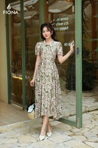 Đầm sơ mi dáng xòe, cổ đức, hoa Linen, tay ngắn